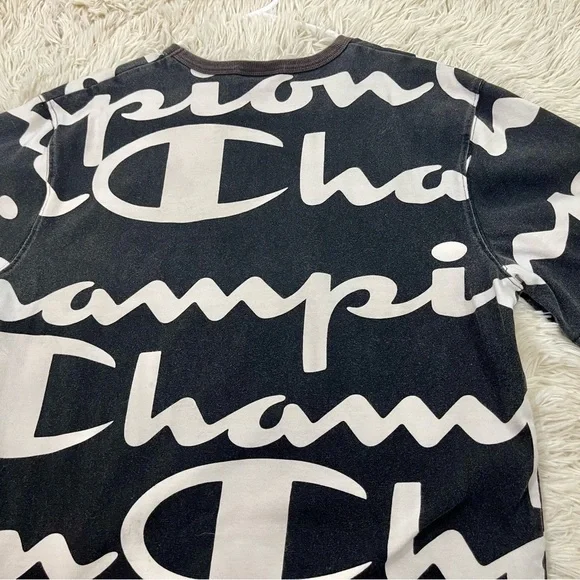 Size L Vintage Champion T-Shirt Vintage 90s All Over Print‎ Black Distressed Y2K - Picture 12 of 15